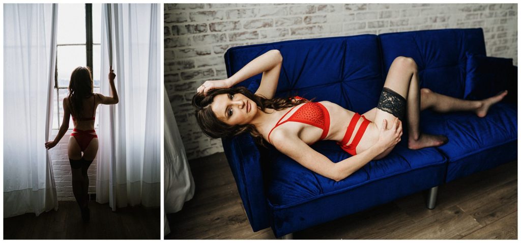 boudoir photo with red lingerie and blue couch